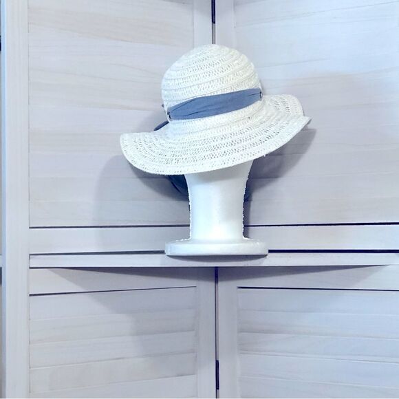 Off White Woven Wide Brim Kids Summer Hat OS - Picture 3 of 9